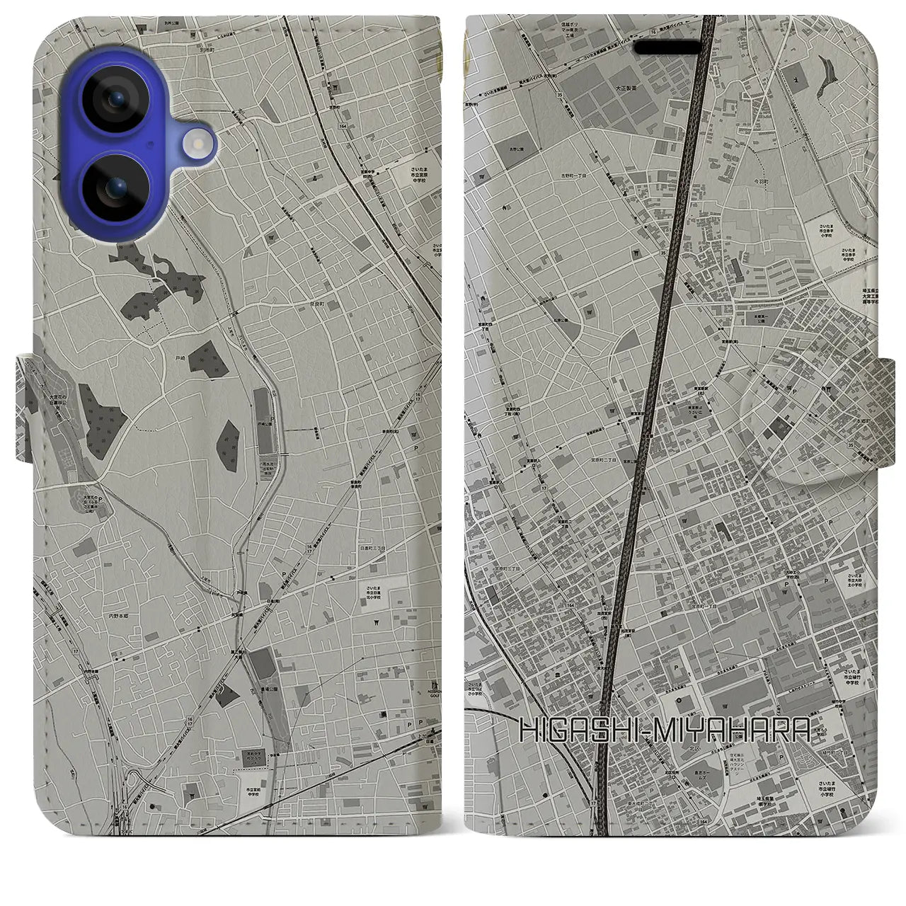 【東宮原(埼玉県)】地図柄iPhoneケース(手帳タイプ)モノトーン・iPhone 16 Pro Max 用