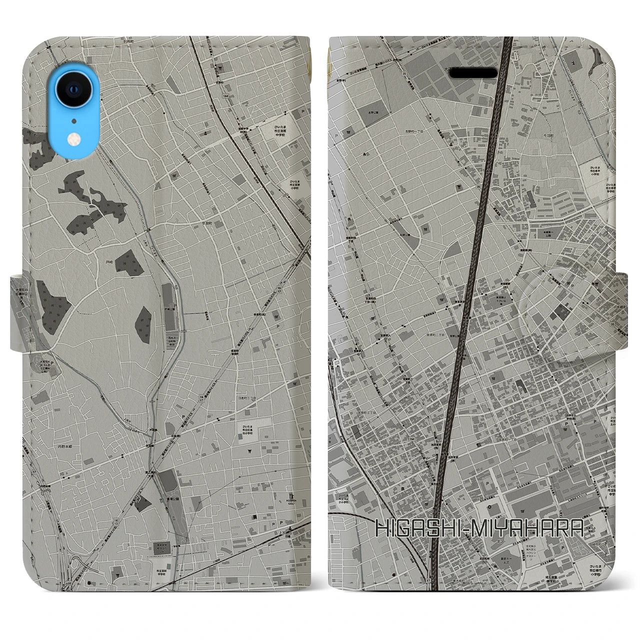 【東宮原(埼玉県)】地図柄iPhoneケース(手帳タイプ)モノトーン・iPhone XR 用