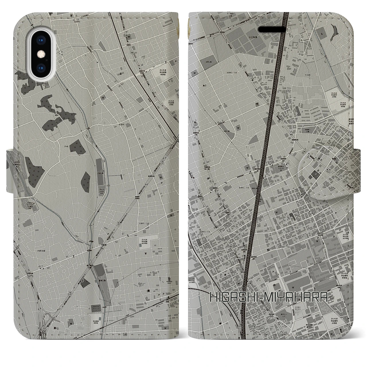 【東宮原(埼玉県)】地図柄iPhoneケース(手帳タイプ)モノトーン・iPhone XS Max 用