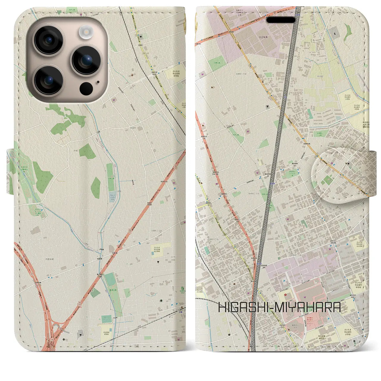 【東宮原(埼玉県)】地図柄iPhoneケース(手帳タイプ)ナチュラル・iPhone 16 Plus 用
