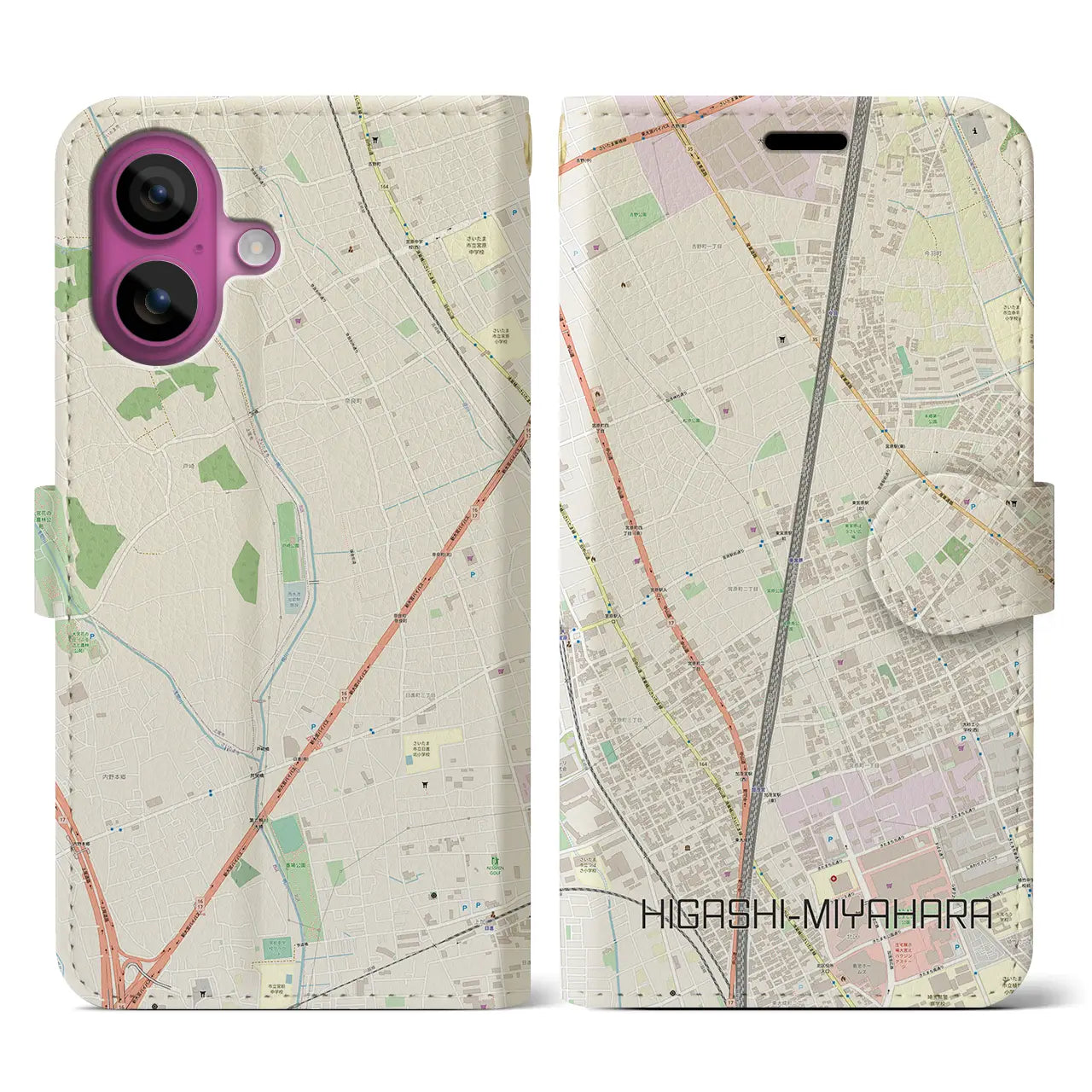 【東宮原(埼玉県)】地図柄iPhoneケース(手帳タイプ)ナチュラル・iPhone 16 Pro 用