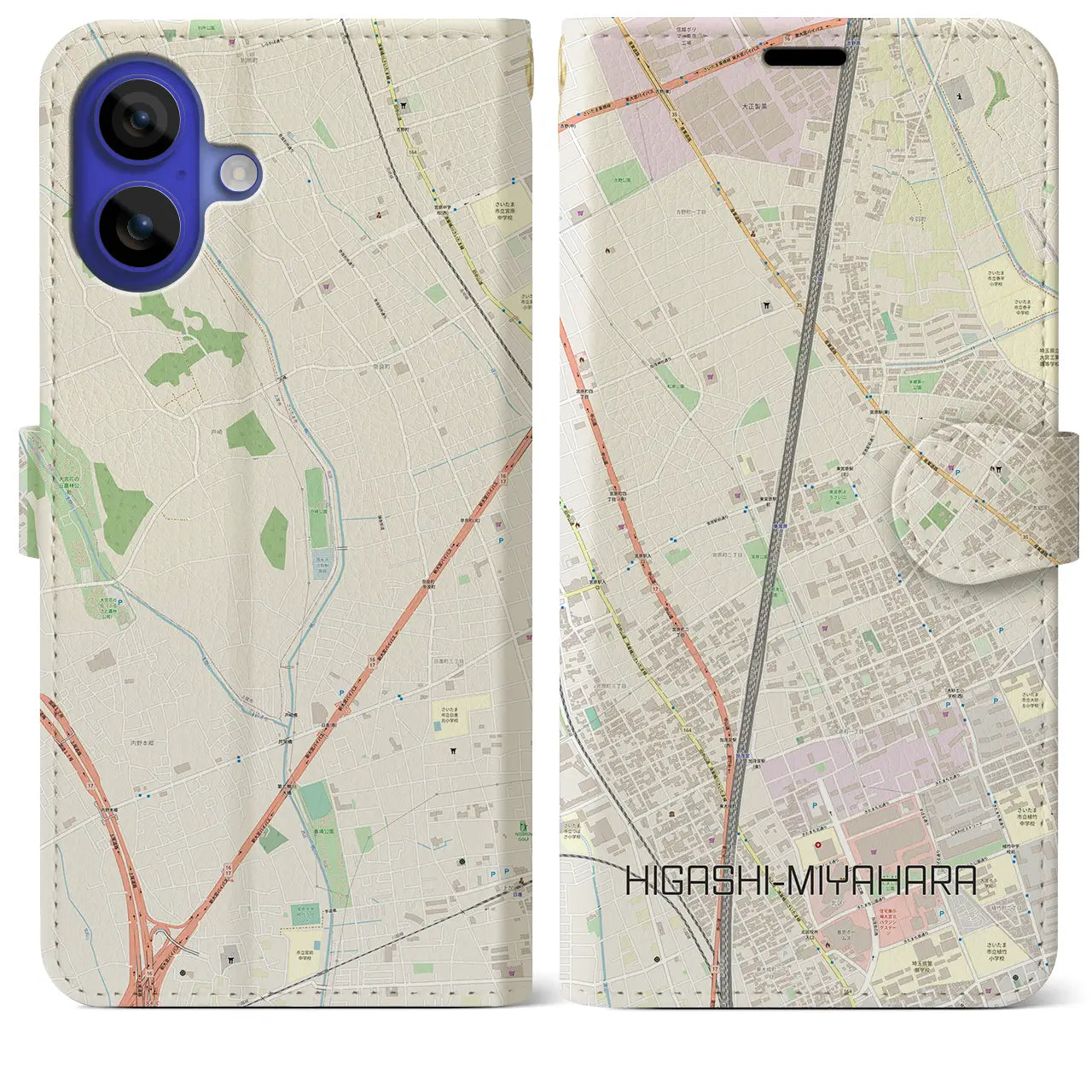 【東宮原(埼玉県)】地図柄iPhoneケース(手帳タイプ)ナチュラル・iPhone 16 Pro Max 用