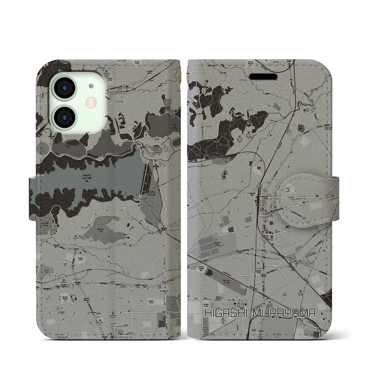 【東村山(東京都)】地図柄iPhoneケース(手帳タイプ)モノトーン・iPhone 12 mini 用