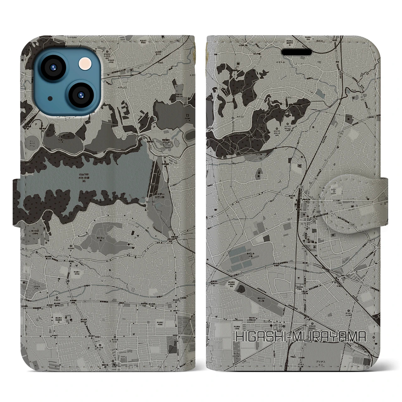 【東村山(東京都)】地図柄iPhoneケース(手帳タイプ)モノトーン・iPhone 13 用