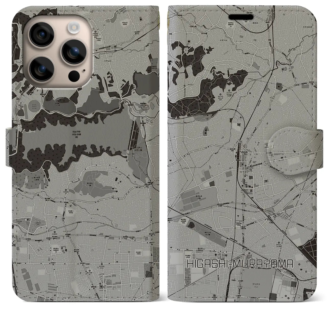 【東村山(東京都)】地図柄iPhoneケース(手帳タイプ)モノトーン・iPhone 16 Plus 用