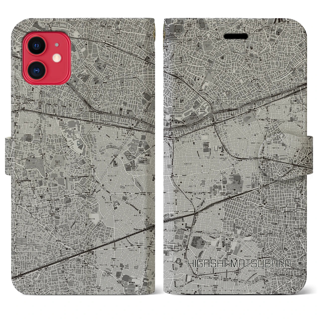 【東松原(東京都)】地図柄iPhoneケース(手帳タイプ)モノトーン・iPhone 11 用