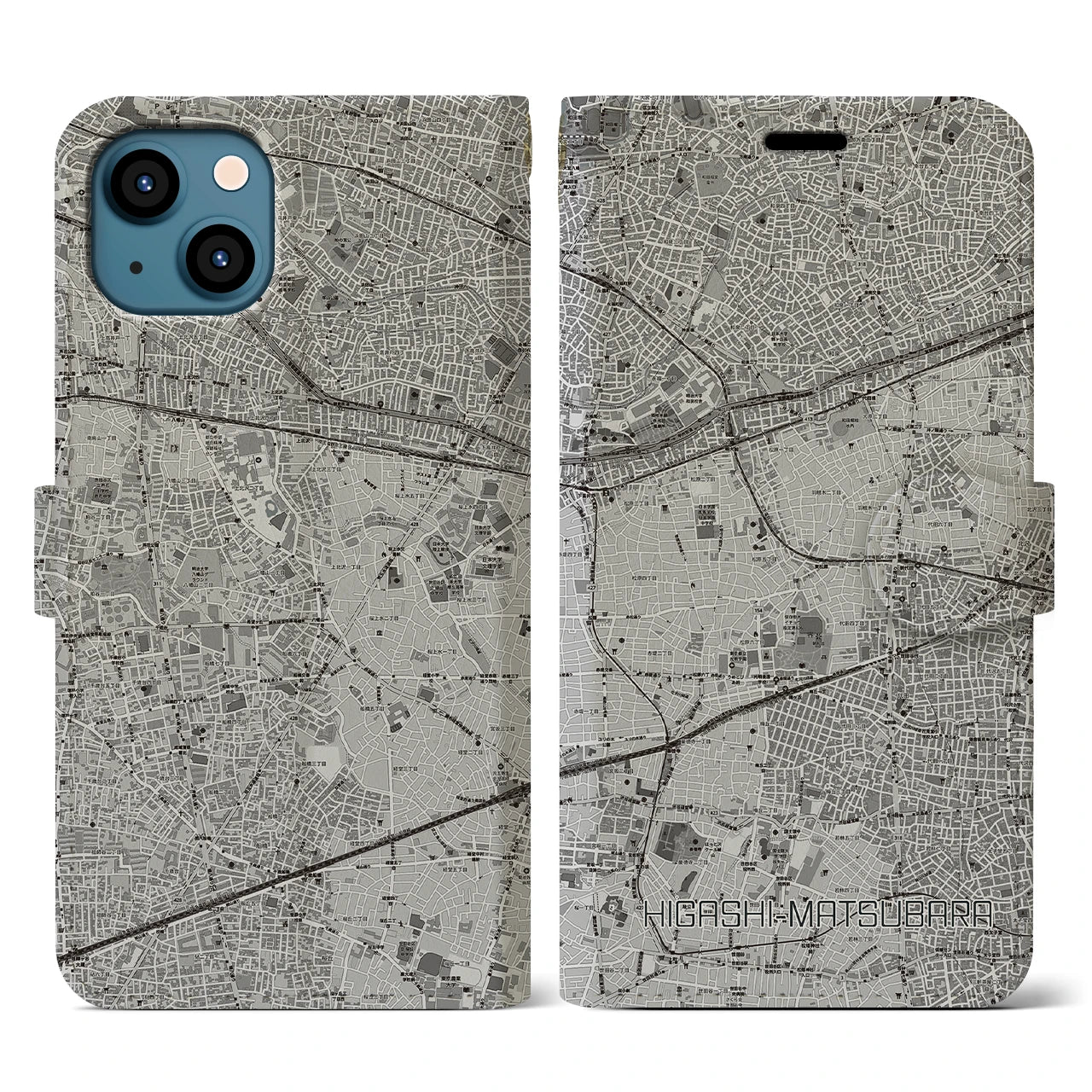 【東松原(東京都)】地図柄iPhoneケース(手帳タイプ)モノトーン・iPhone 13 用