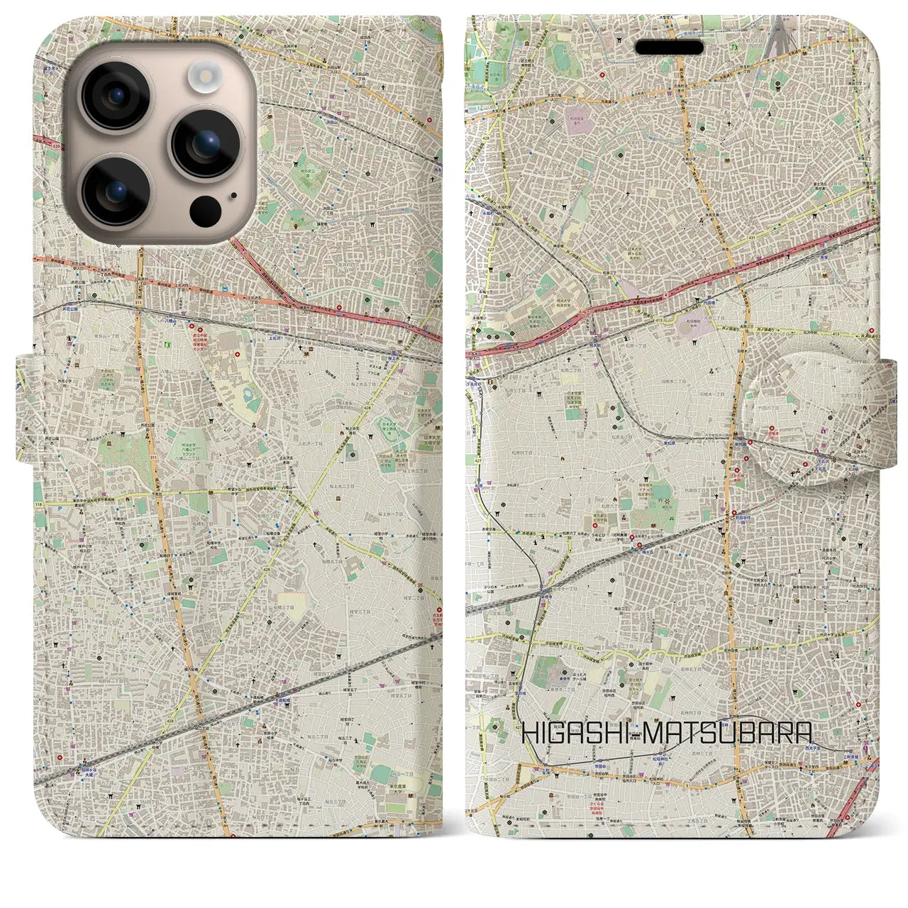 【東松原(東京都)】地図柄iPhoneケース(手帳タイプ)ナチュラル・iPhone 16 Plus 用