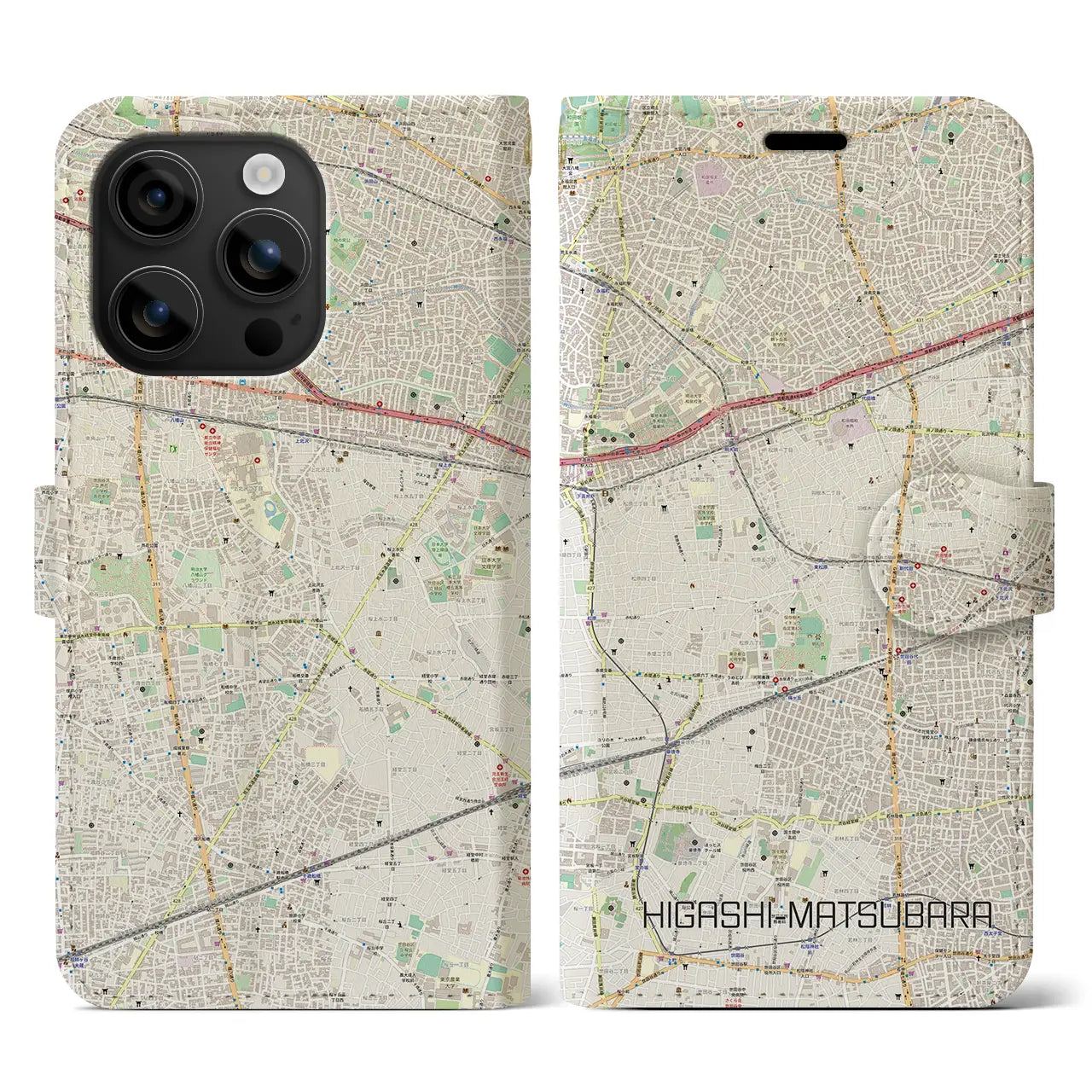 【東松原(東京都)】地図柄iPhoneケース(手帳タイプ)ナチュラル・iPhone 16 用