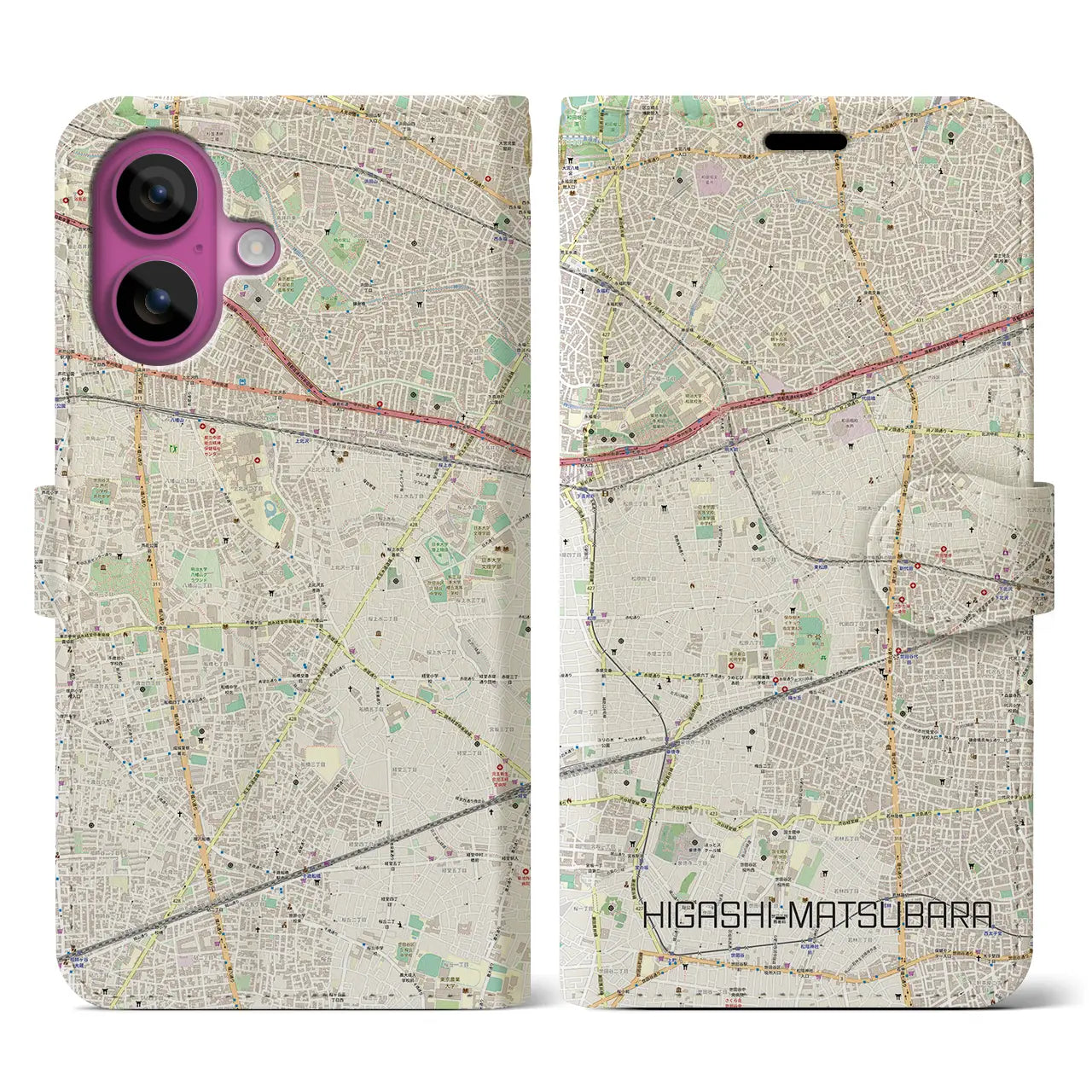 【東松原(東京都)】地図柄iPhoneケース(手帳タイプ)ナチュラル・iPhone 16 Pro 用