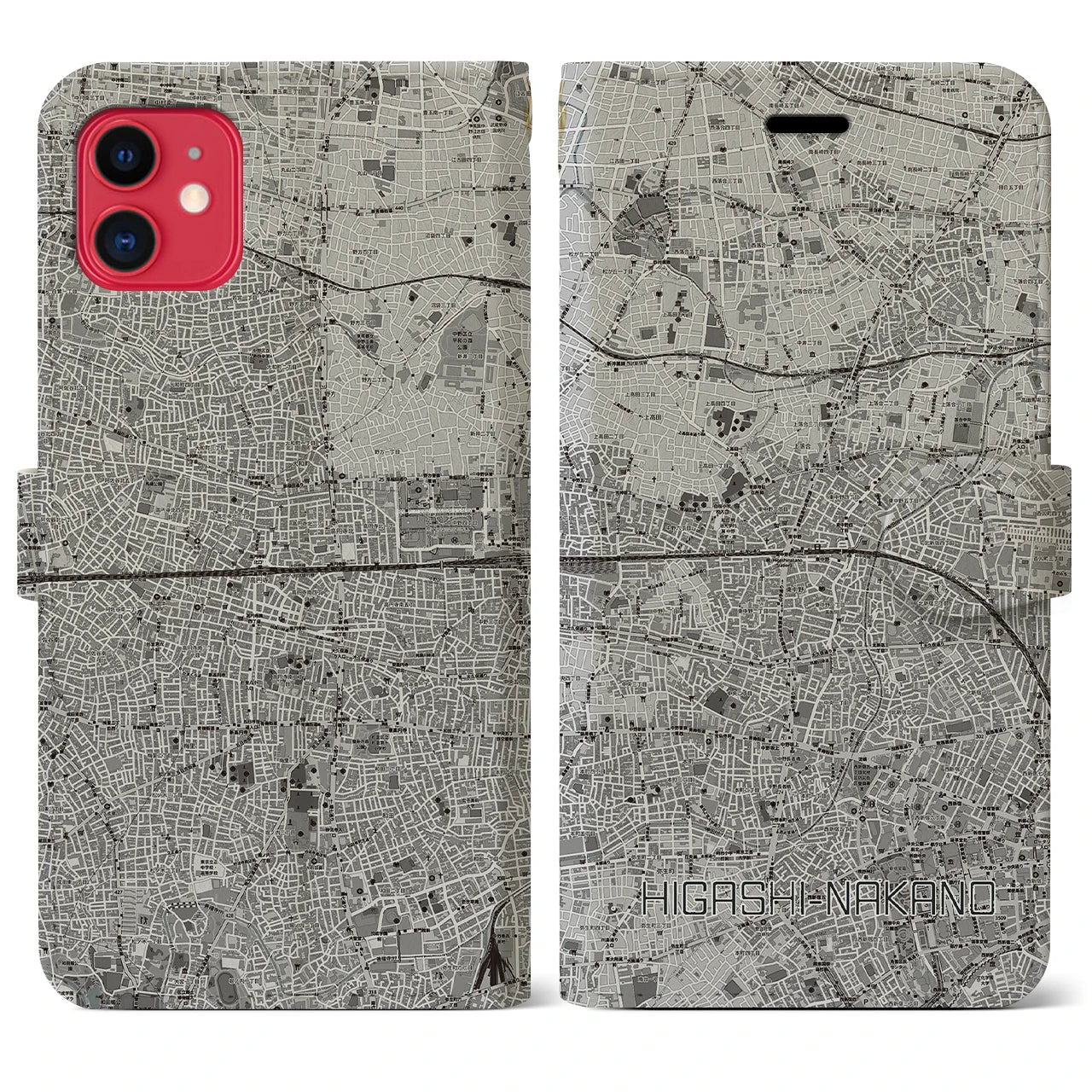 【東中野2(東京都)】地図柄iPhoneケース(手帳タイプ)モノトーン・iPhone 11 用