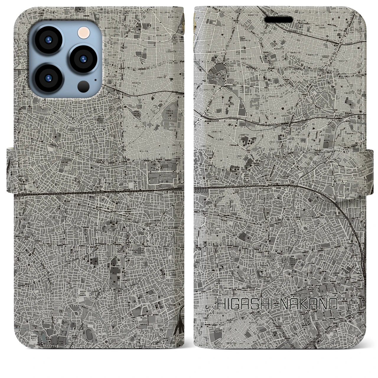 【東中野2(東京都)】地図柄iPhoneケース(手帳タイプ)モノトーン・iPhone 13 Pro Max 用