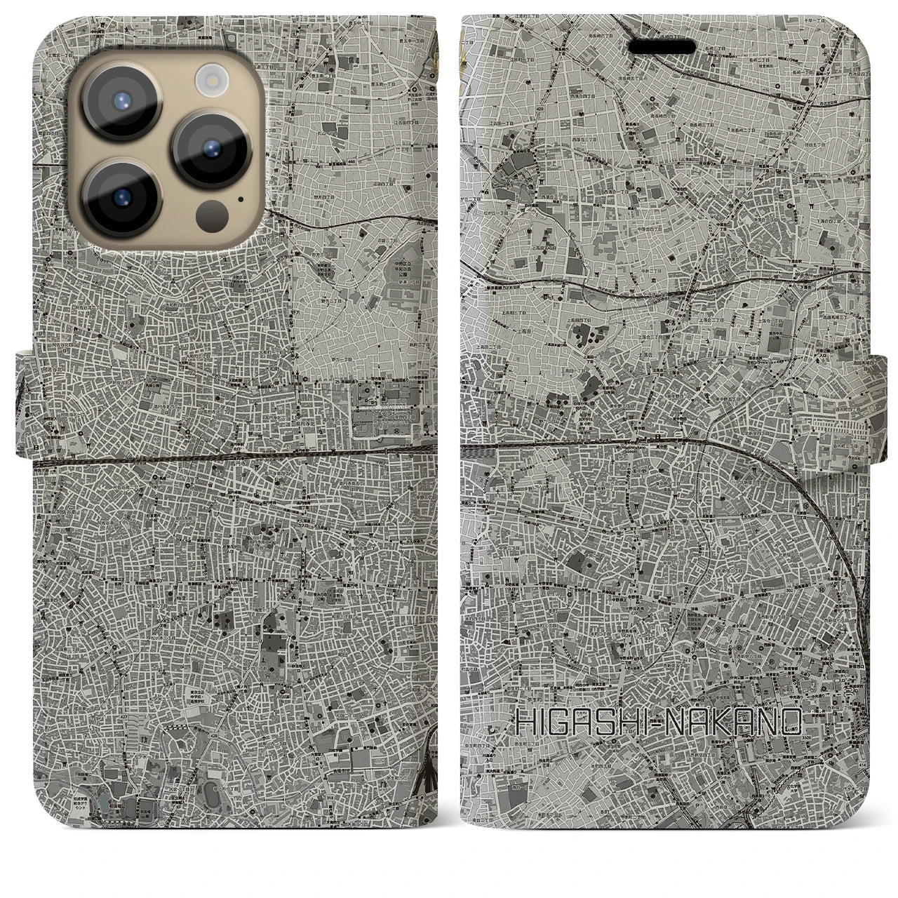 【東中野2(東京都)】地図柄iPhoneケース(手帳タイプ)モノトーン・iPhone 14 Pro Max 用