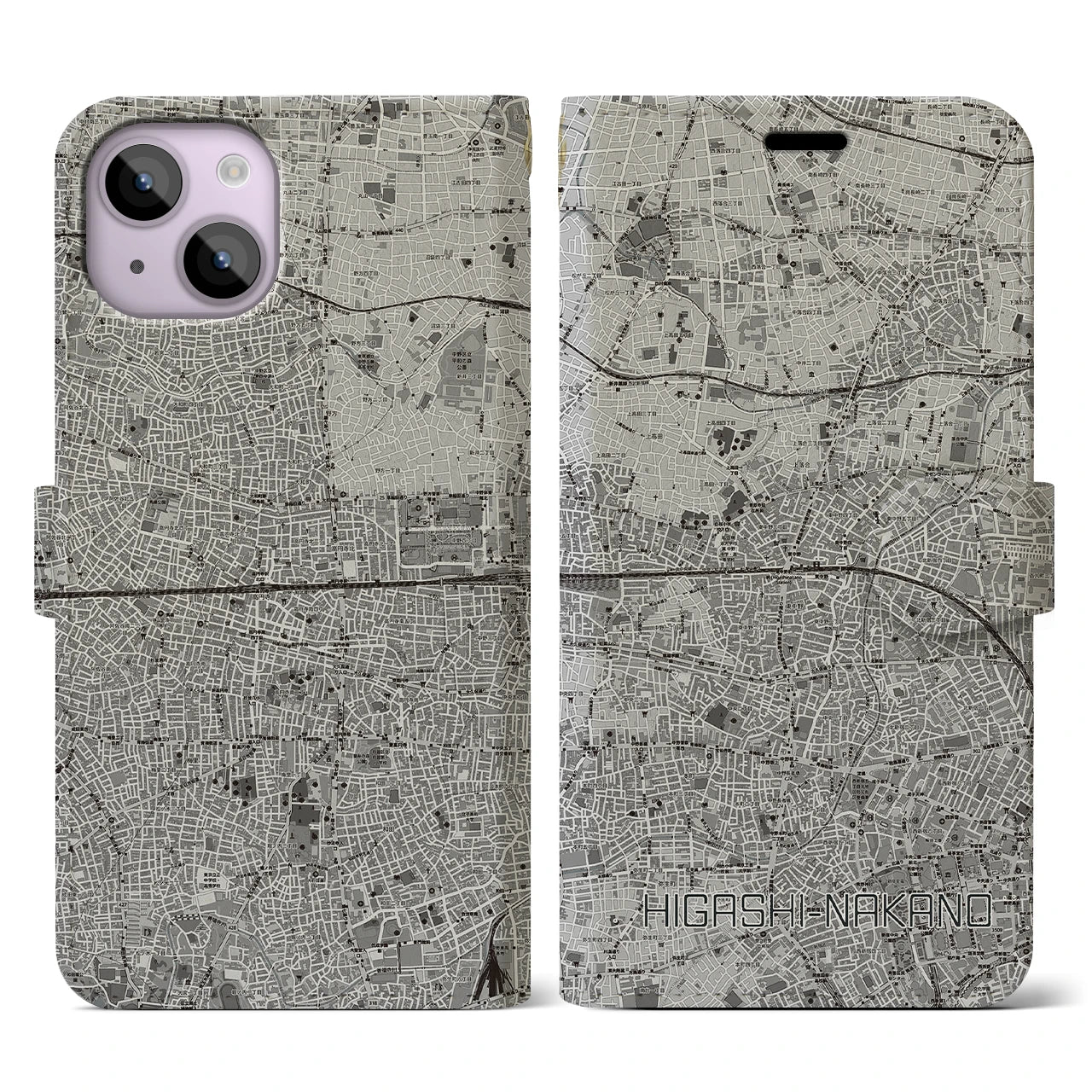 【東中野2(東京都)】地図柄iPhoneケース(手帳タイプ)モノトーン・iPhone 14 用