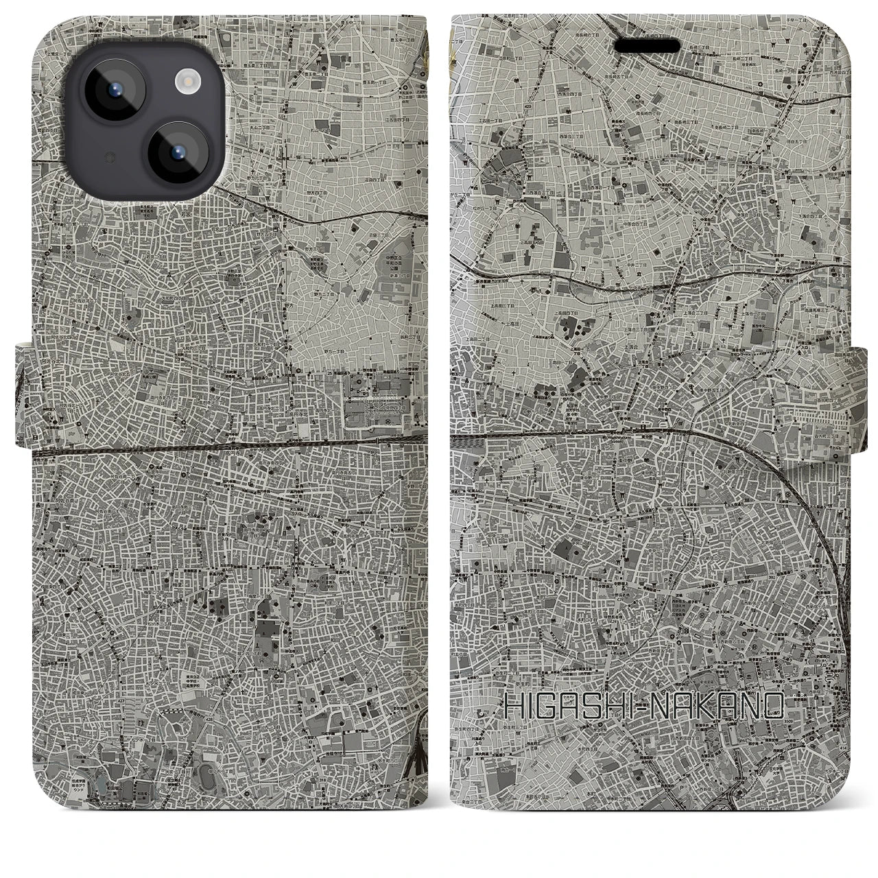 【東中野2(東京都)】地図柄iPhoneケース(手帳タイプ)モノトーン・iPhone 14 Plus 用