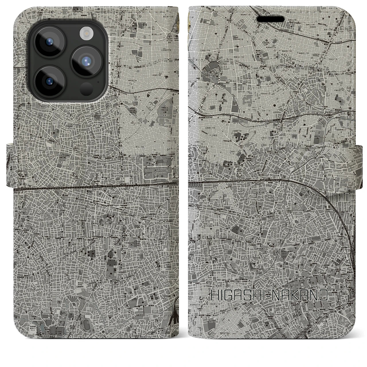 【東中野2(東京都)】地図柄iPhoneケース(手帳タイプ)モノトーン・iPhone 15 Pro Max 用