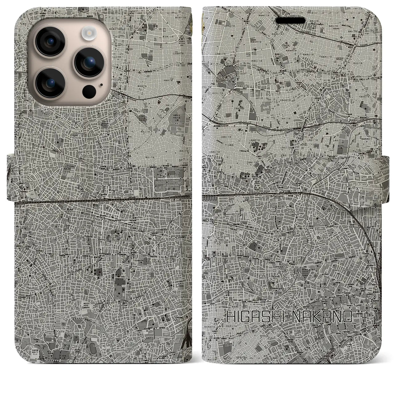 【東中野2(東京都)】地図柄iPhoneケース(手帳タイプ)モノトーン・iPhone 16 Plus 用