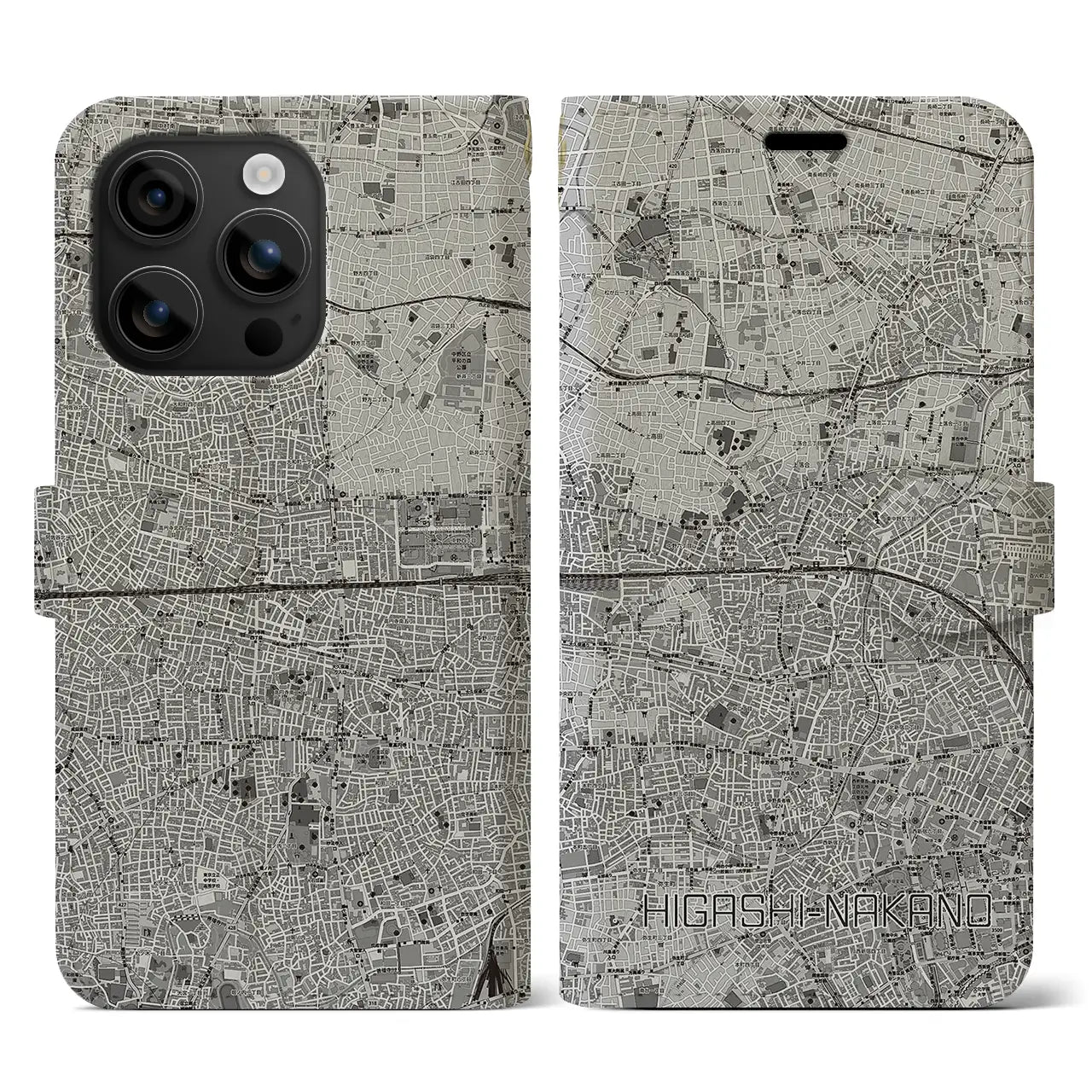 【東中野2(東京都)】地図柄iPhoneケース(手帳タイプ)モノトーン・iPhone 16 用
