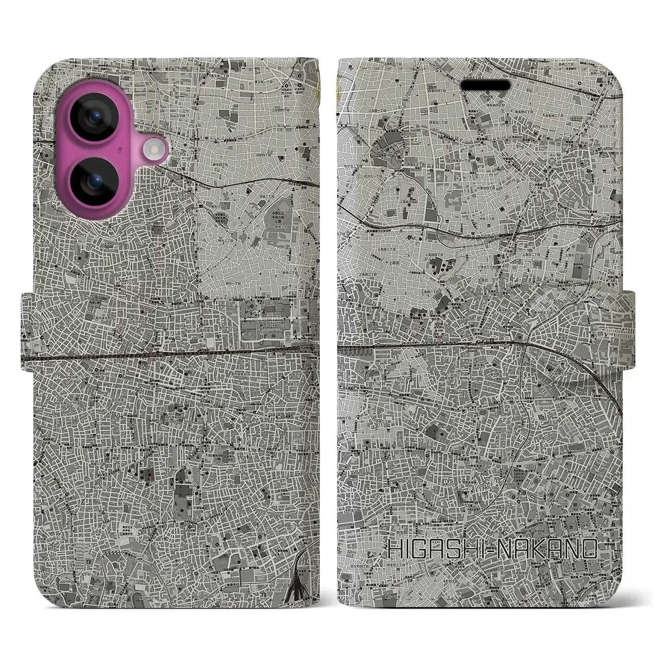 【東中野2(東京都)】地図柄iPhoneケース(手帳タイプ)モノトーン・iPhone 16 Pro 用