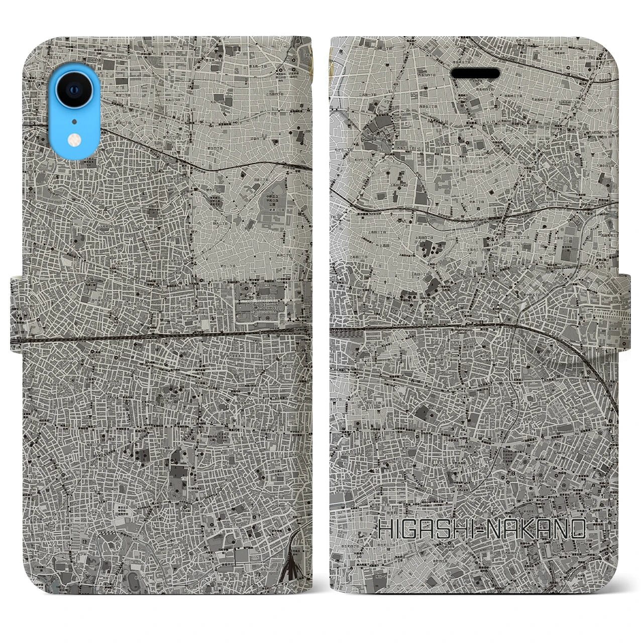 【東中野2(東京都)】地図柄iPhoneケース(手帳タイプ)モノトーン・iPhone XR 用