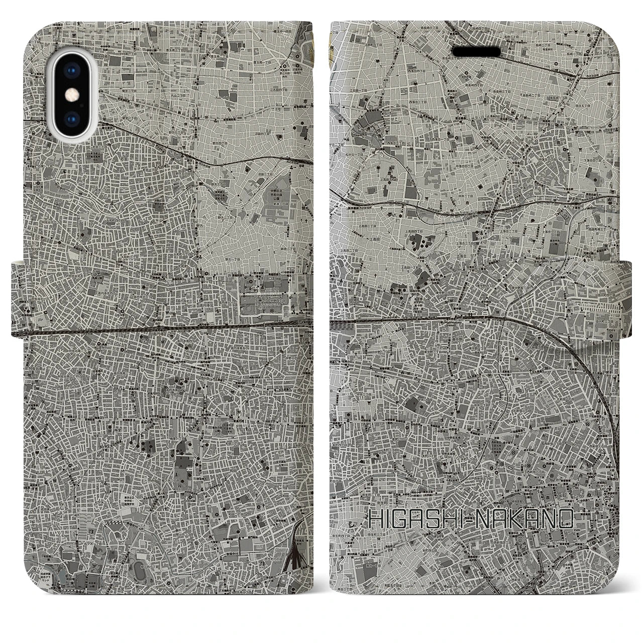 【東中野2(東京都)】地図柄iPhoneケース(手帳タイプ)モノトーン・iPhone XS Max 用