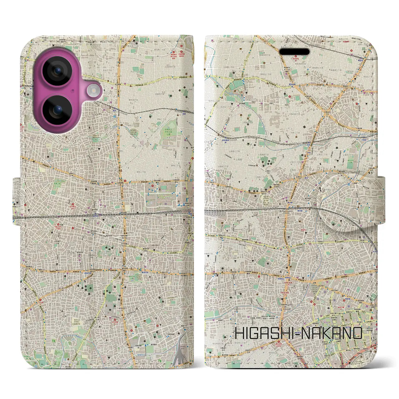 【東中野2(東京都)】地図柄iPhoneケース(手帳タイプ)ナチュラル・iPhone 16 Pro 用