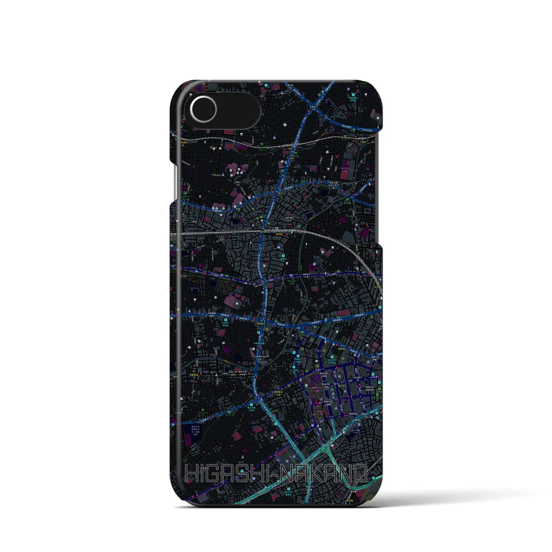 【東中野(東京都)】地図柄iPhoneケース(バックカバータイプ)ブラック・iPhone SE(第3 / 第2世代) / 8 / 7 / 6s / 6 用