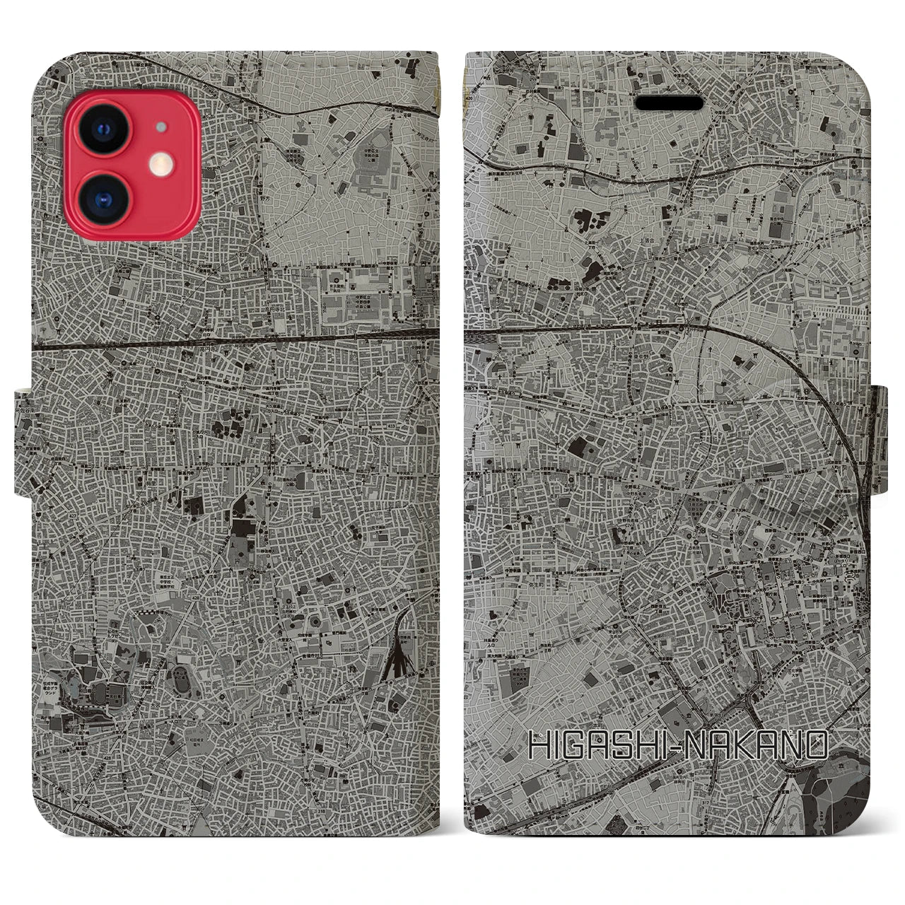 【東中野(東京都)】地図柄iPhoneケース(手帳タイプ)モノトーン・iPhone 11 用