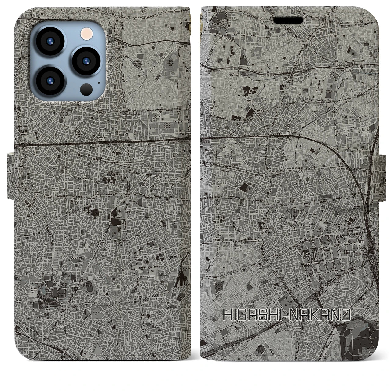 【東中野(東京都)】地図柄iPhoneケース(手帳タイプ)モノトーン・iPhone 13 Pro Max 用