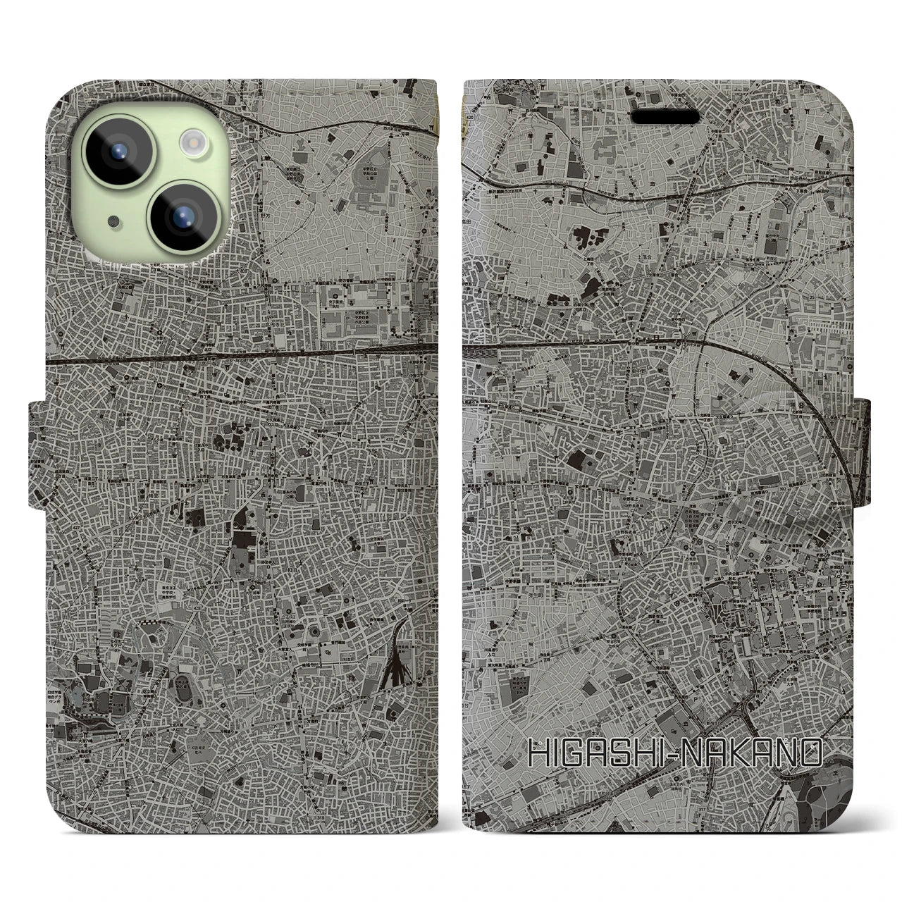 【東中野(東京都)】地図柄iPhoneケース(手帳タイプ)モノトーン・iPhone 15 用