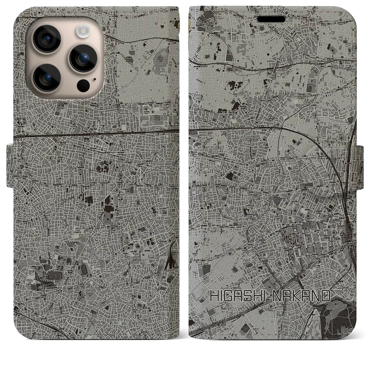【東中野(東京都)】地図柄iPhoneケース(手帳タイプ)モノトーン・iPhone 16 Plus 用