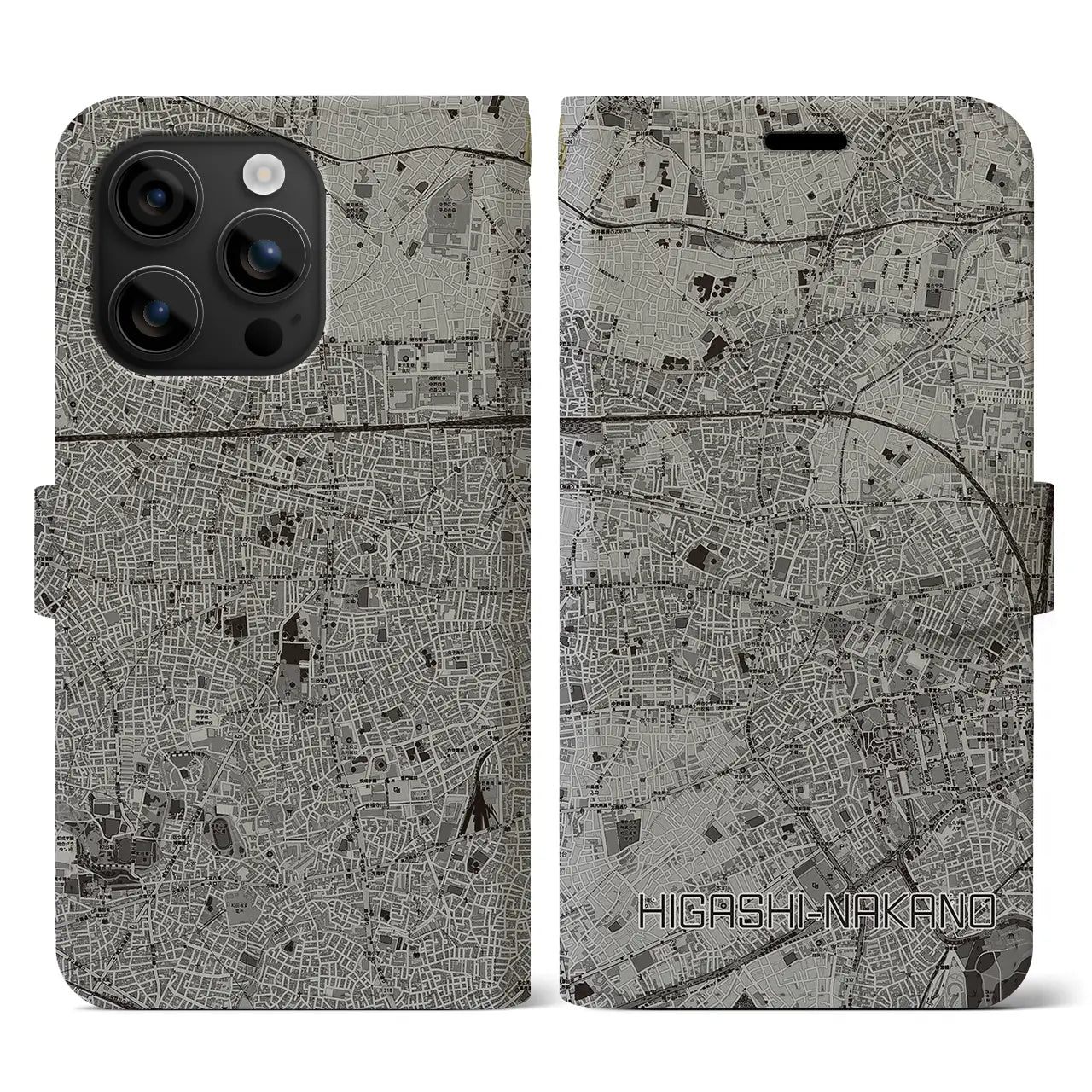 【東中野(東京都)】地図柄iPhoneケース(手帳タイプ)モノトーン・iPhone 16 用