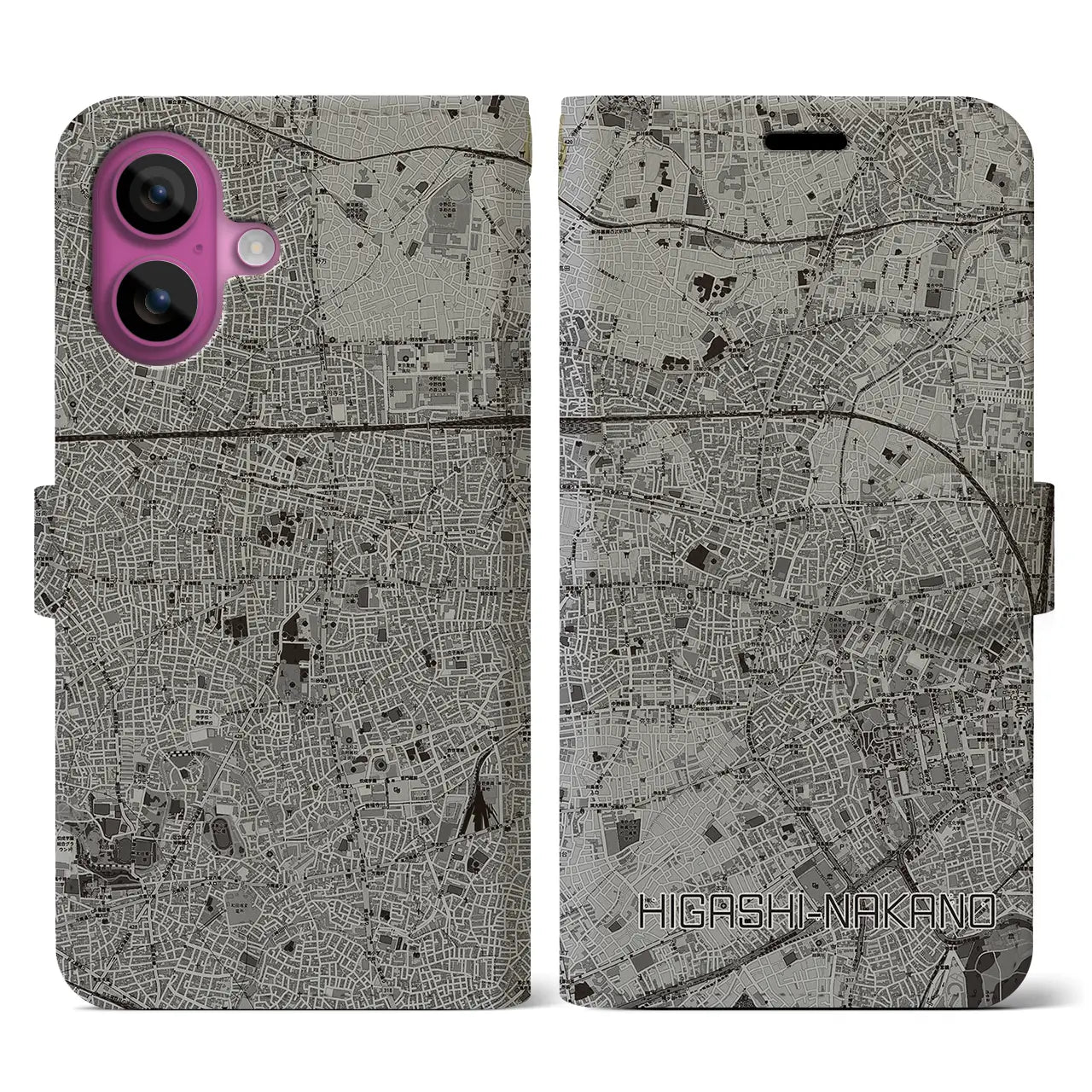【東中野(東京都)】地図柄iPhoneケース(手帳タイプ)モノトーン・iPhone 16 Pro 用