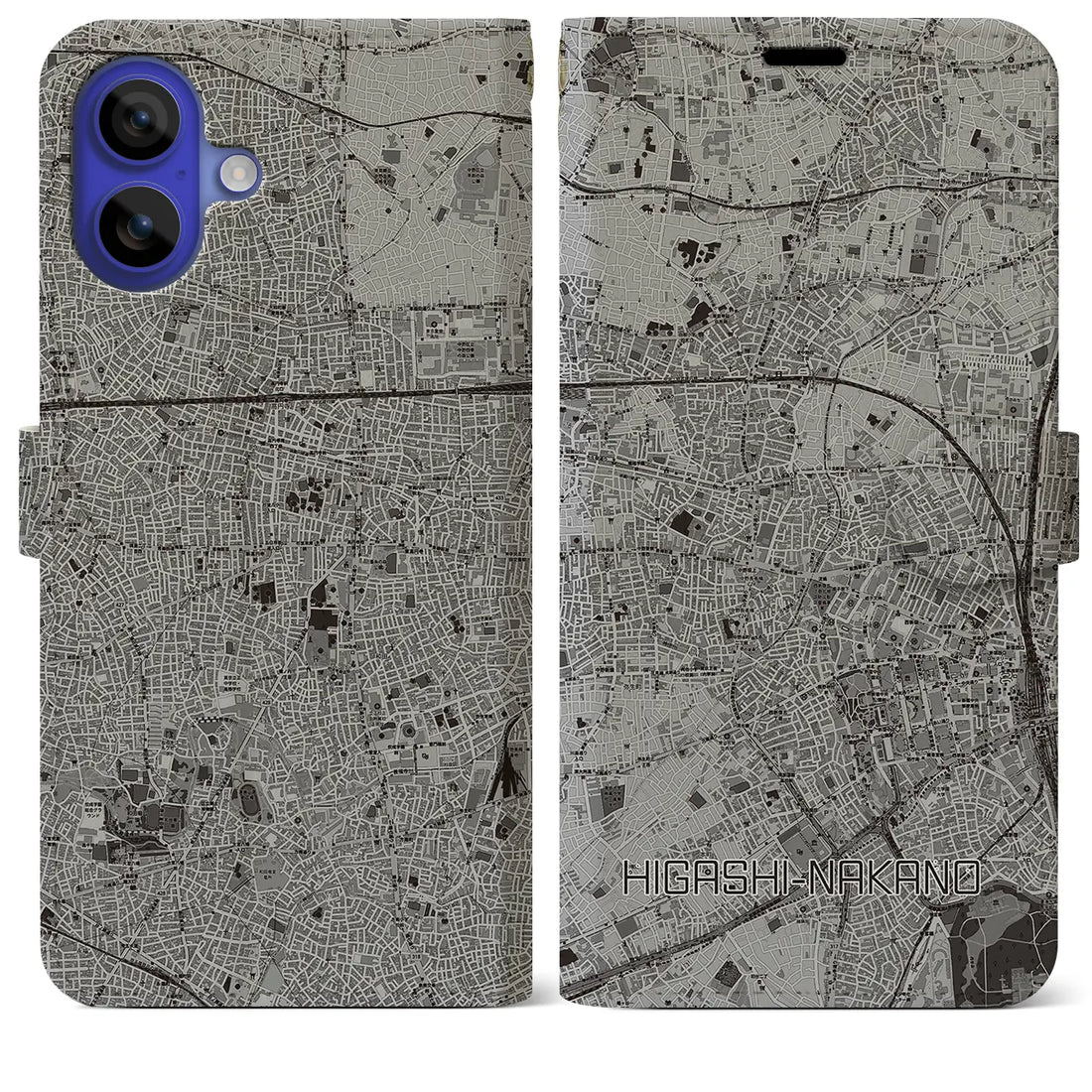 【東中野(東京都)】地図柄iPhoneケース(手帳タイプ)モノトーン・iPhone 16 Pro Max 用