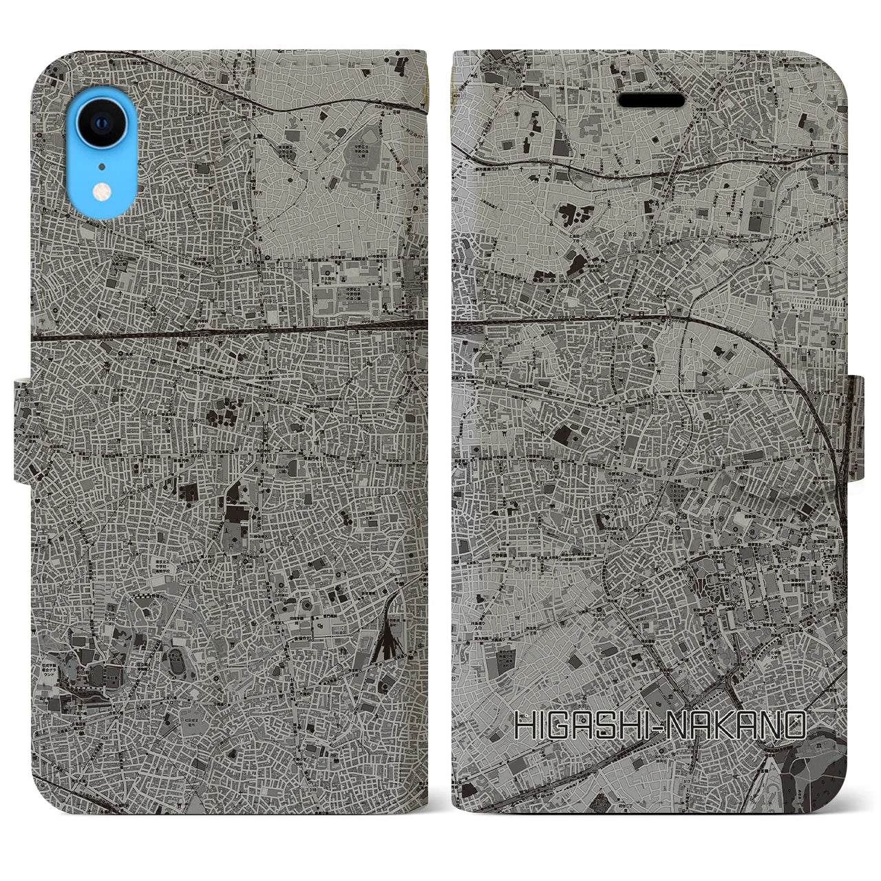 【東中野(東京都)】地図柄iPhoneケース(手帳タイプ)モノトーン・iPhone XR 用