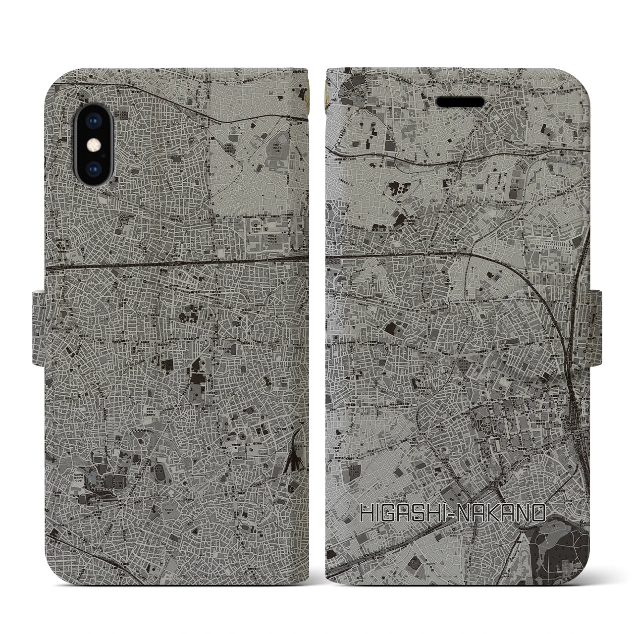 【東中野(東京都)】地図柄iPhoneケース(手帳タイプ)モノトーン・iPhone XS / X 用