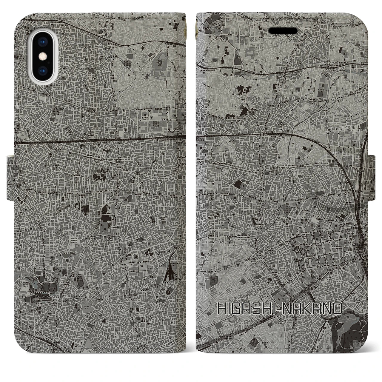 【東中野(東京都)】地図柄iPhoneケース(手帳タイプ)モノトーン・iPhone XS Max 用