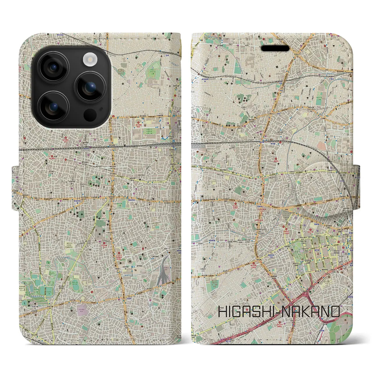 【東中野(東京都)】地図柄iPhoneケース(手帳タイプ)ナチュラル・iPhone 16 用