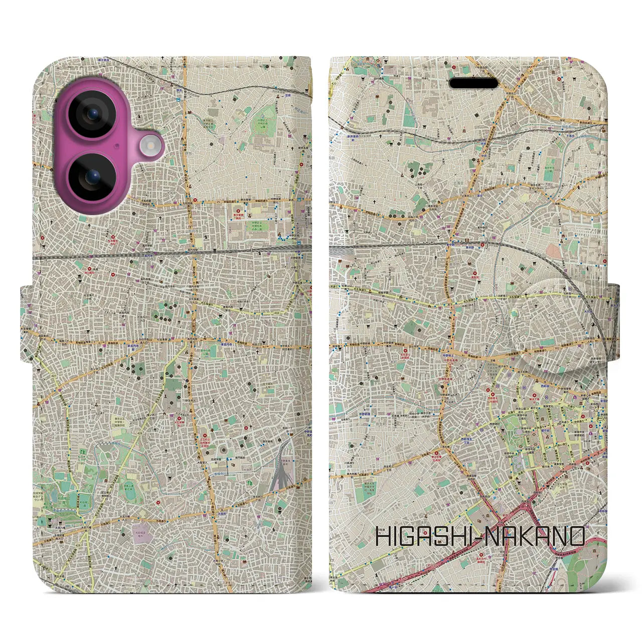 【東中野(東京都)】地図柄iPhoneケース(手帳タイプ)ナチュラル・iPhone 16 Pro 用