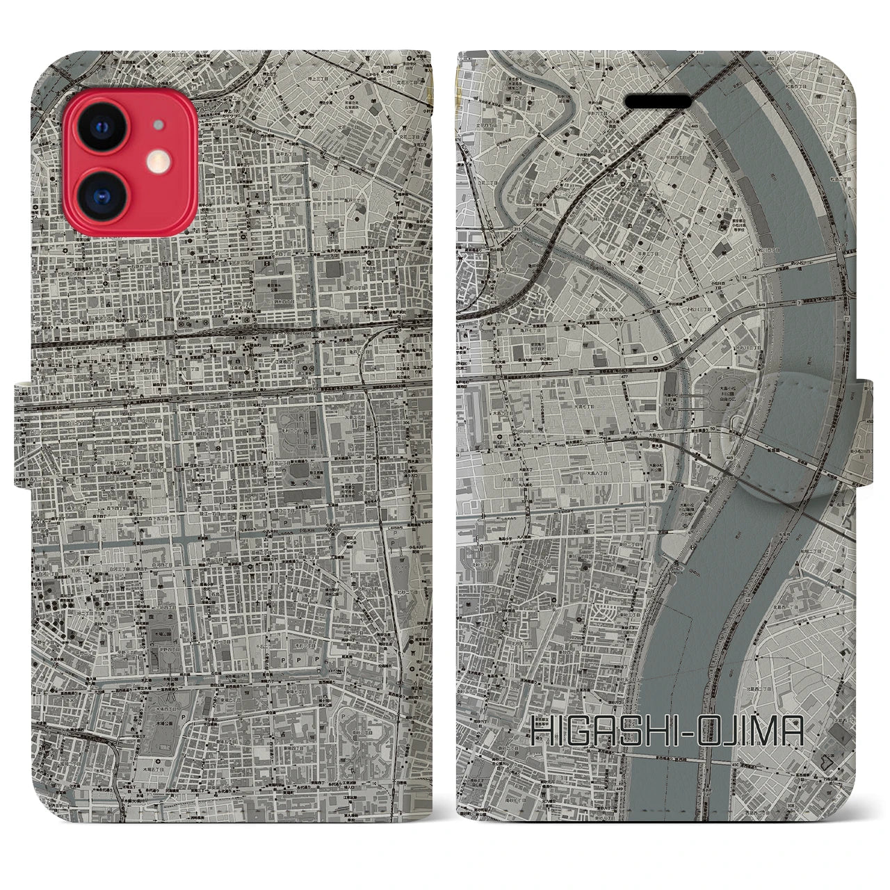 【東大島(東京都)】地図柄iPhoneケース(手帳タイプ)モノトーン・iPhone 11 用