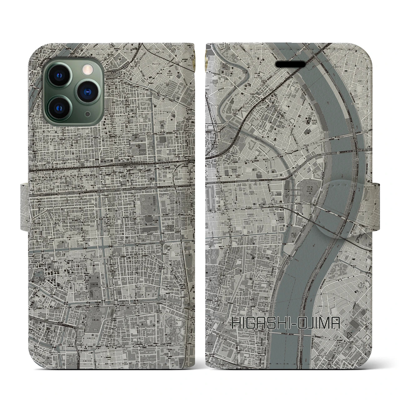【東大島(東京都)】地図柄iPhoneケース(手帳タイプ)モノトーン・iPhone 11 Pro 用