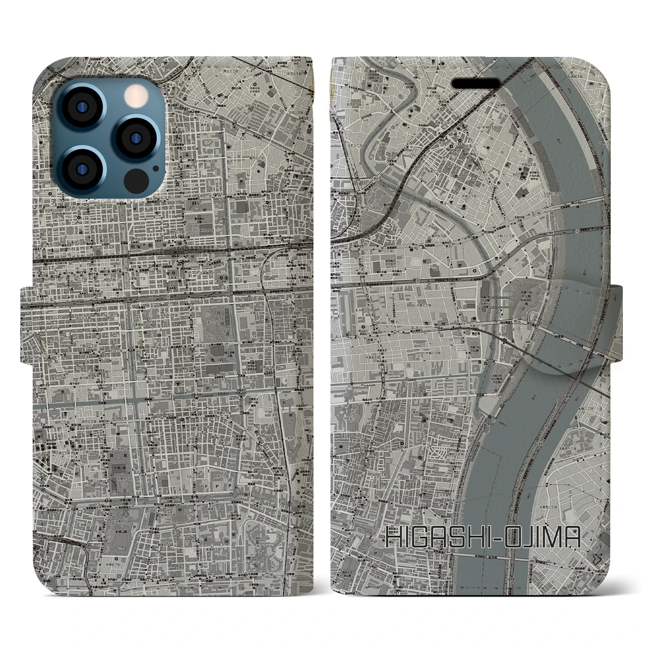 【東大島(東京都)】地図柄iPhoneケース(手帳タイプ)モノトーン・iPhone 12 / 12 Pro 用