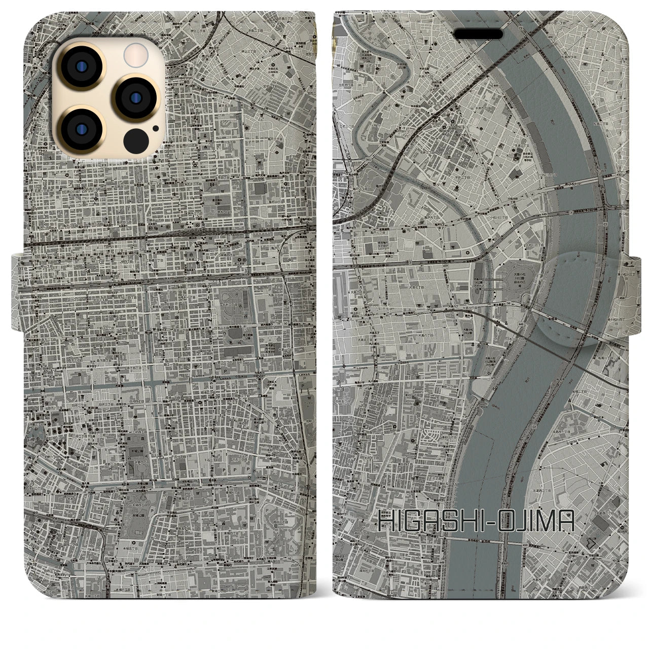 【東大島(東京都)】地図柄iPhoneケース(手帳タイプ)モノトーン・iPhone 12 Pro Max 用