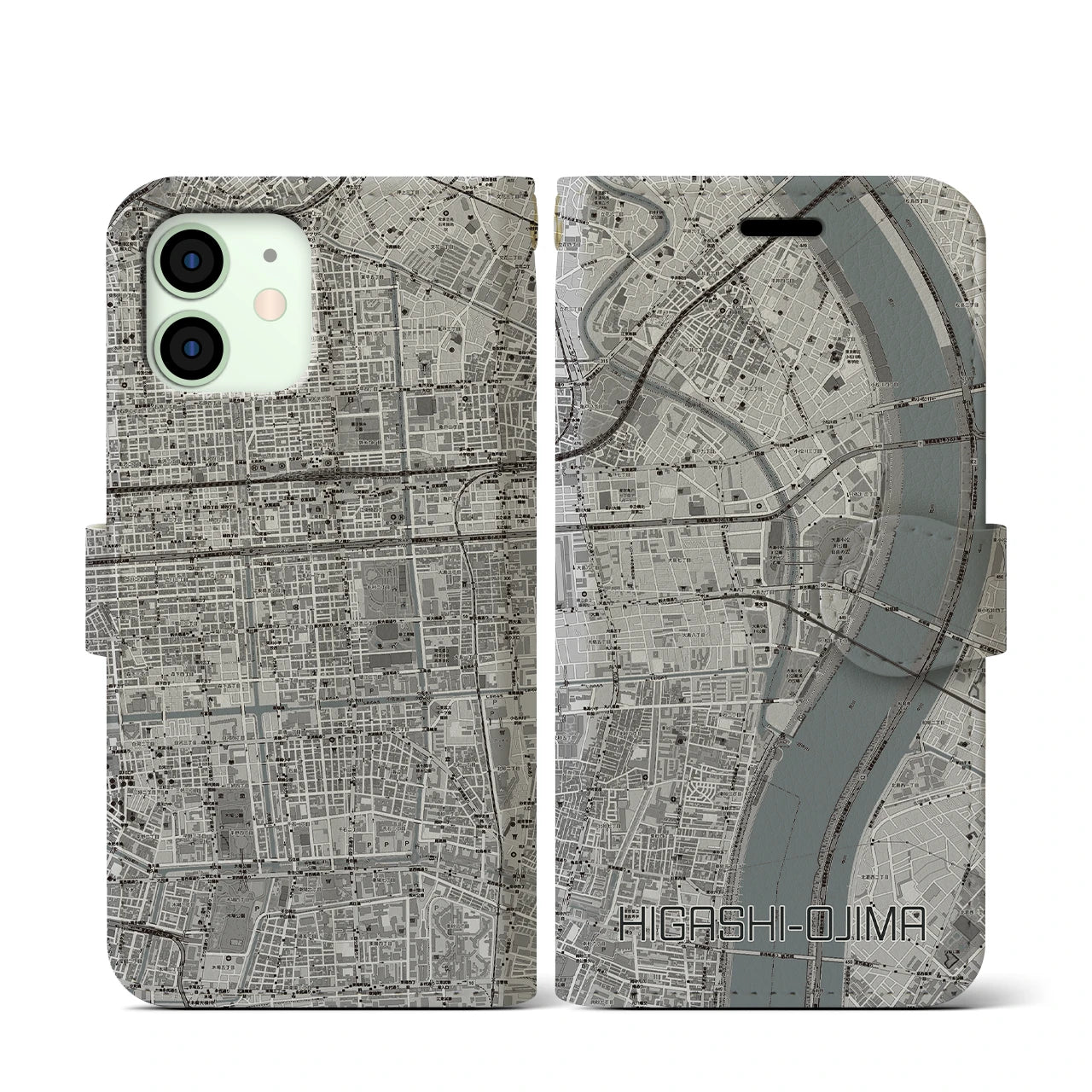 【東大島(東京都)】地図柄iPhoneケース(手帳タイプ)モノトーン・iPhone 12 mini 用