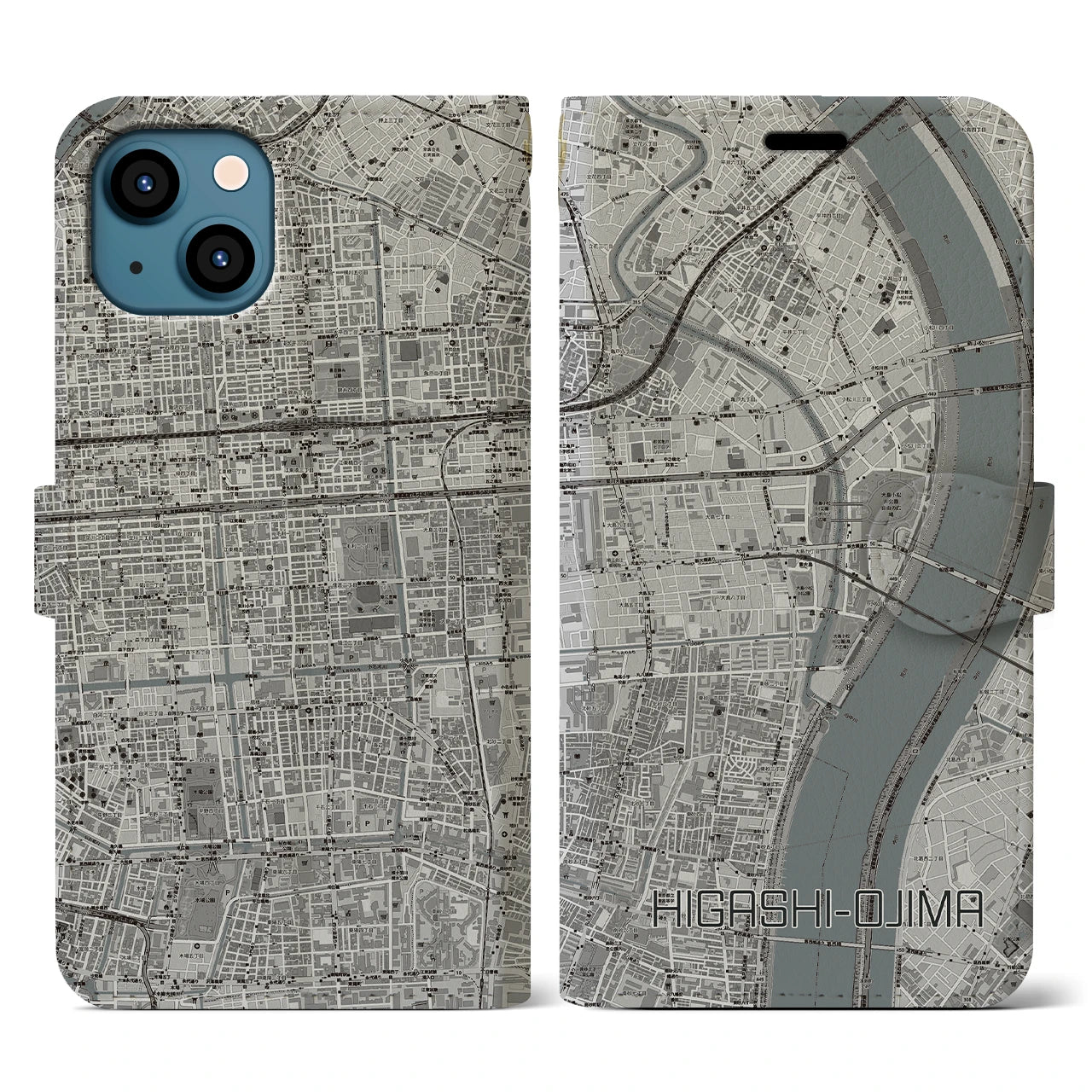 【東大島(東京都)】地図柄iPhoneケース(手帳タイプ)モノトーン・iPhone 13 用