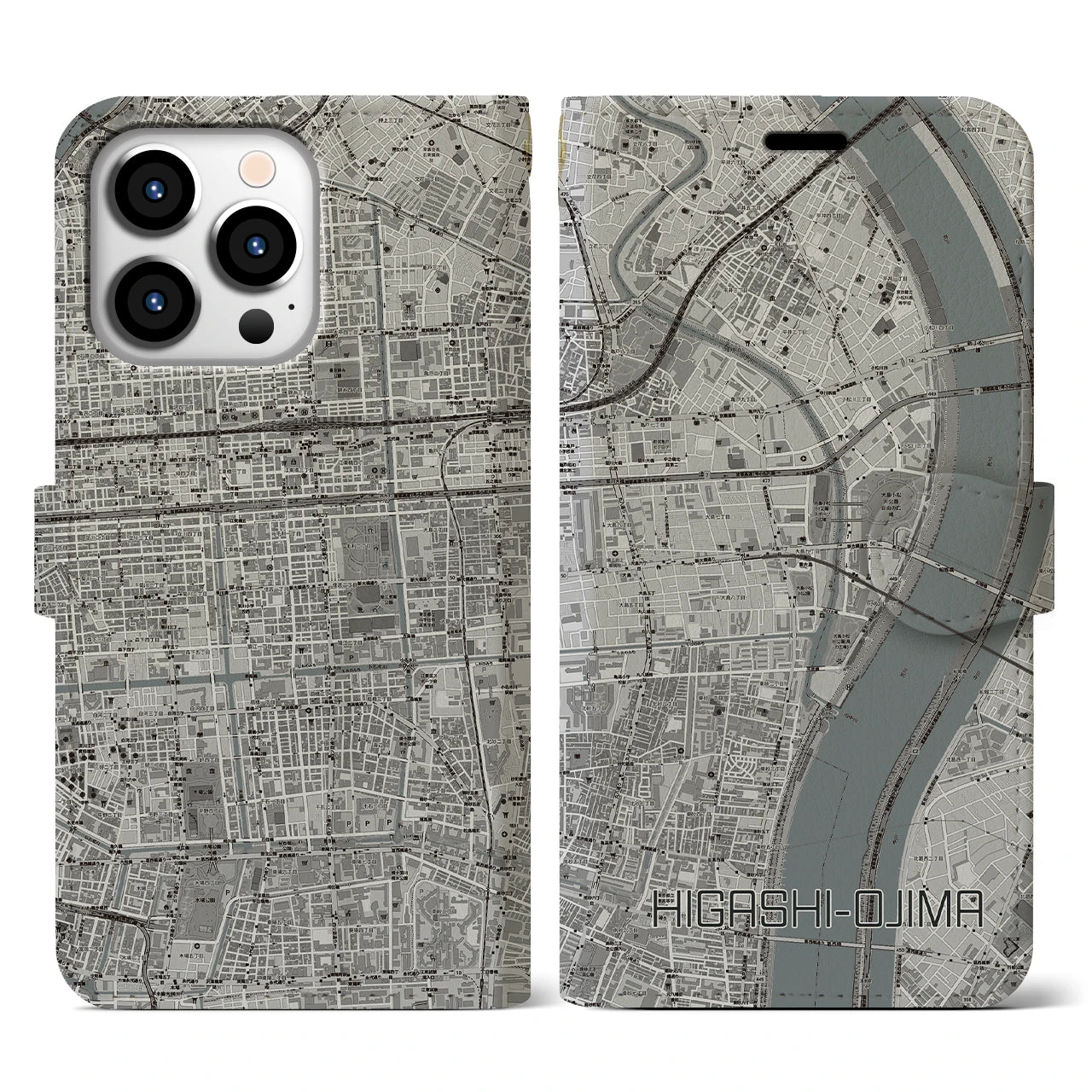 【東大島(東京都)】地図柄iPhoneケース(手帳タイプ)モノトーン・iPhone 13 Pro 用