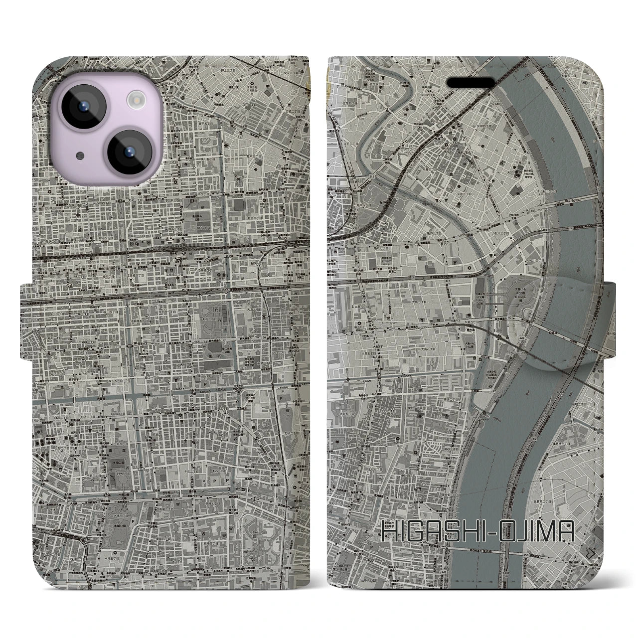 【東大島(東京都)】地図柄iPhoneケース(手帳タイプ)モノトーン・iPhone 14 用