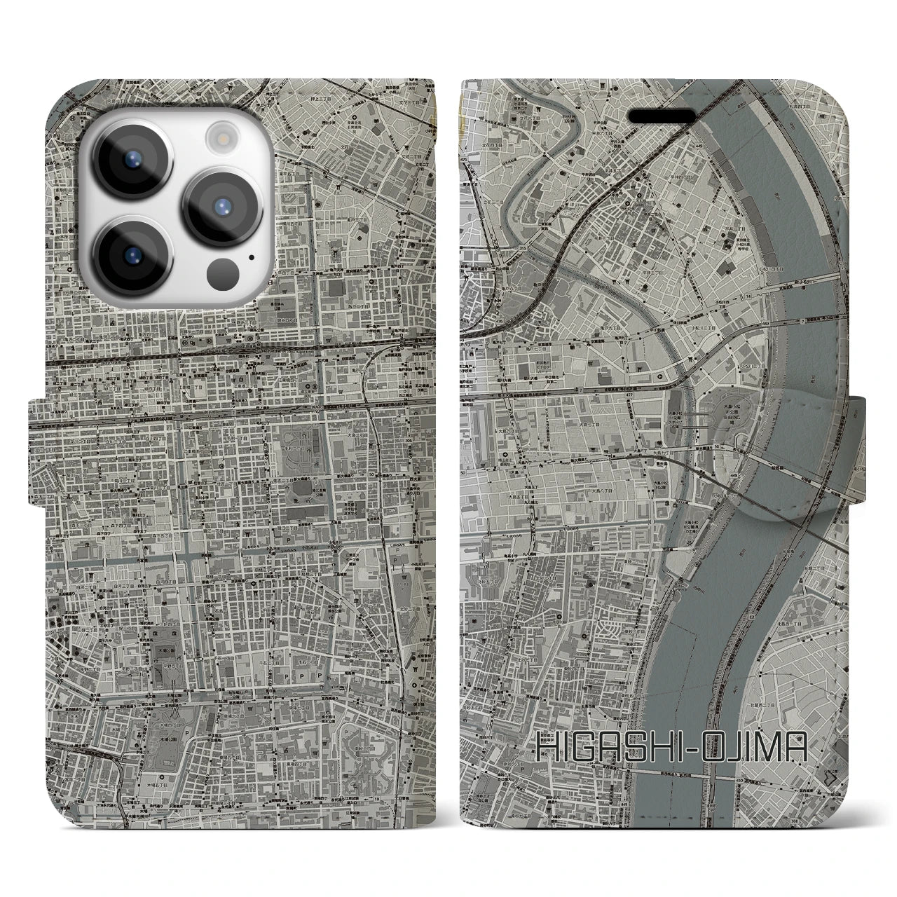 【東大島(東京都)】地図柄iPhoneケース(手帳タイプ)モノトーン・iPhone 14 Pro 用