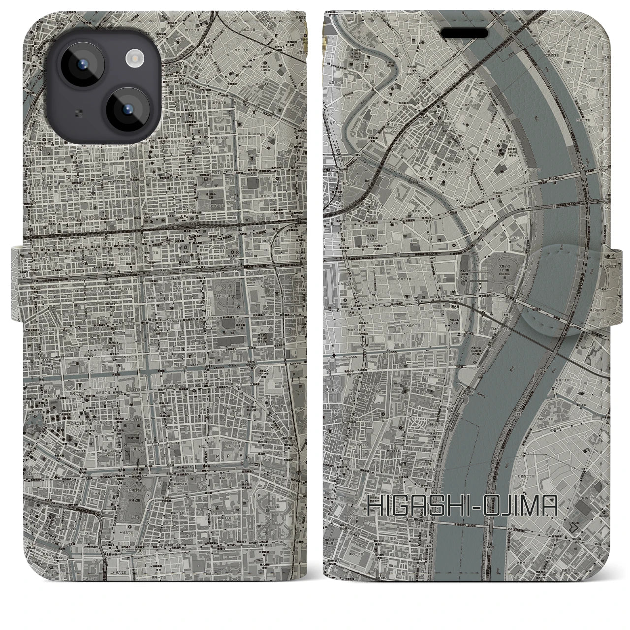 【東大島(東京都)】地図柄iPhoneケース(手帳タイプ)モノトーン・iPhone 14 Plus 用