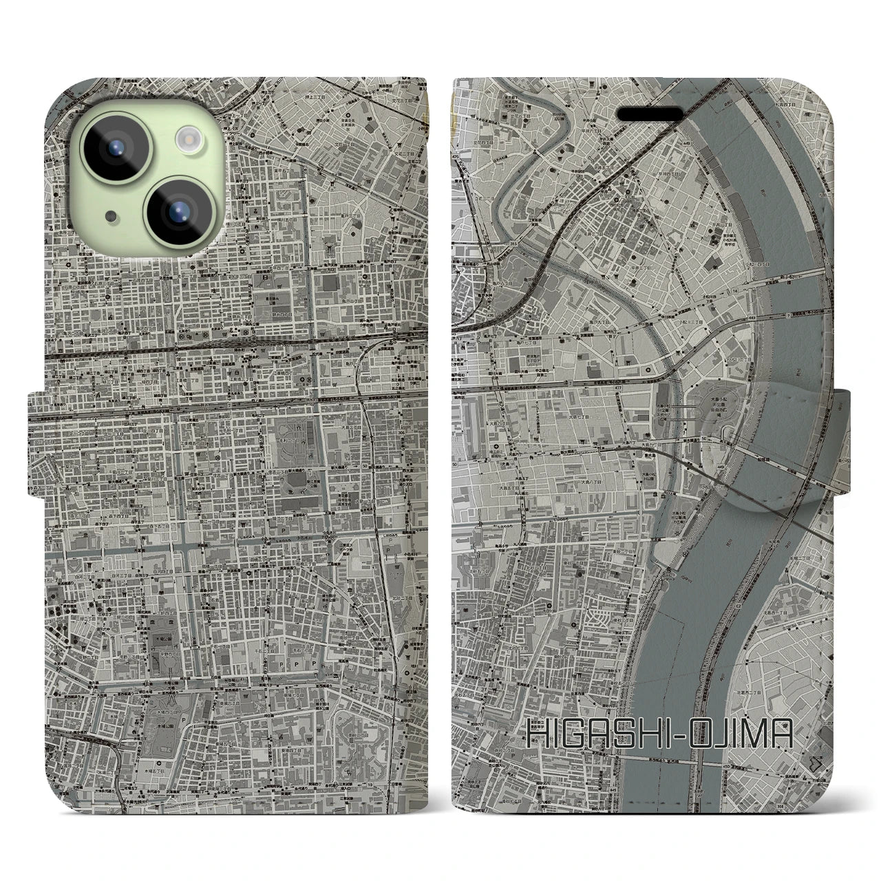 【東大島(東京都)】地図柄iPhoneケース(手帳タイプ)モノトーン・iPhone 15 用